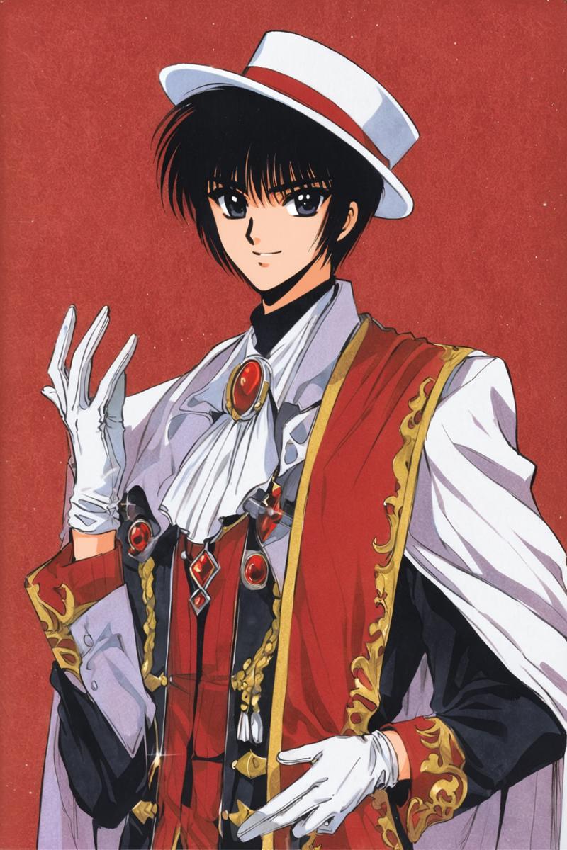 31132-720794999-Subaru Sumeragi,1boy,solo,male focus,gloves,hat,black hair,cape,retro artstyle,red background,white gloves,smile,ascot,black eye.png